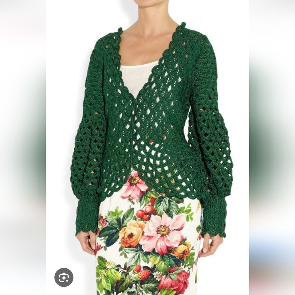 Oscar de la Renta Forest Green Crochet Cardigan Runway